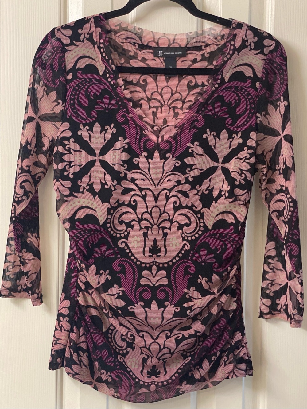 INC International Concepts Mesh Stretch V-Neck Side Ruched 3/4 Sleeve Top